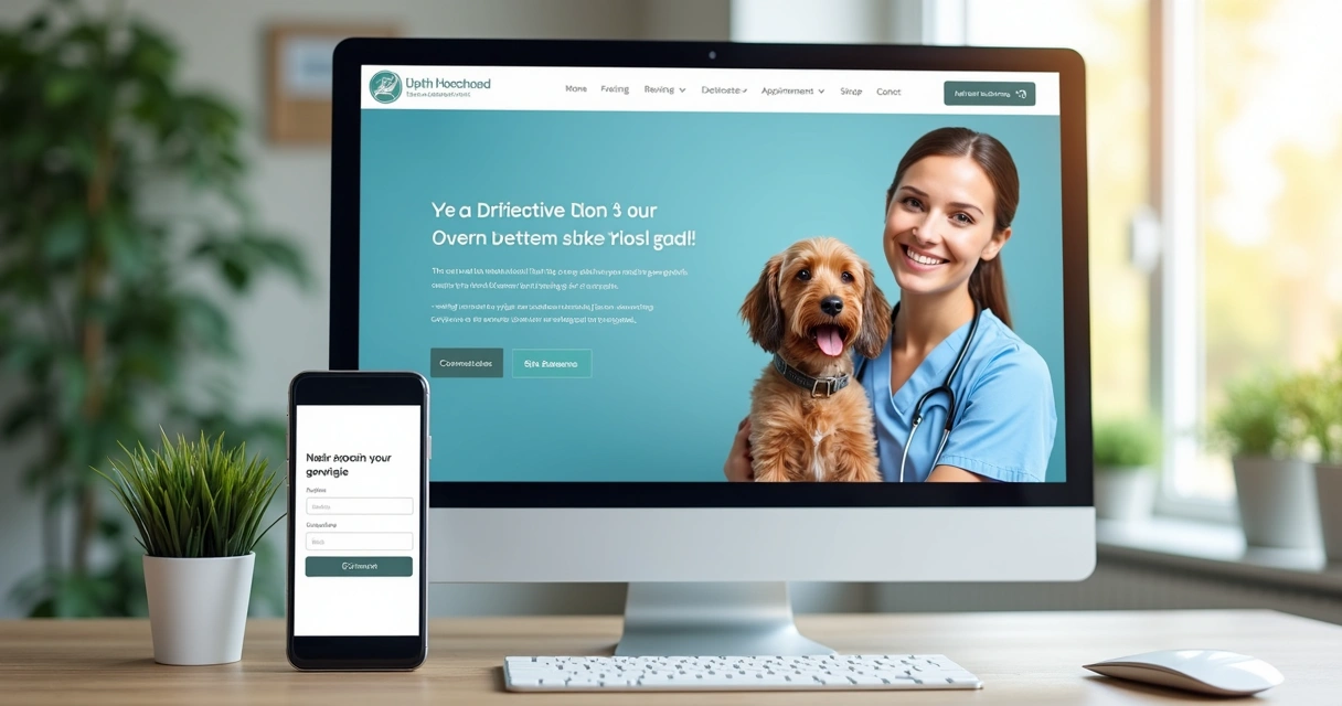 Site de clínica veterinária exibido em computador e celular lado a lado, cenário clean