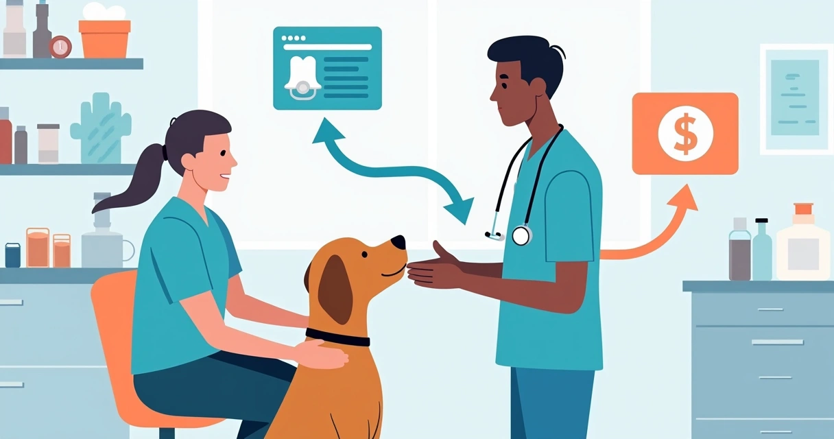 Veterinário atendendo animal enquanto recebe pagamento digital 