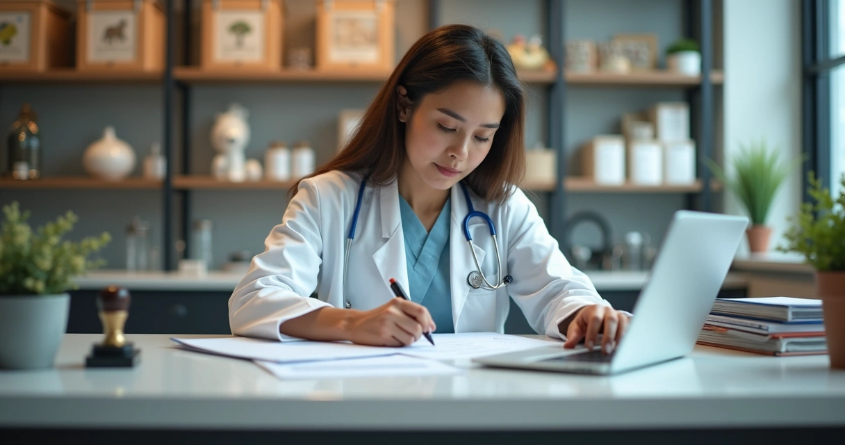 Veterinário preenchendo formulários em clínica moderna 
