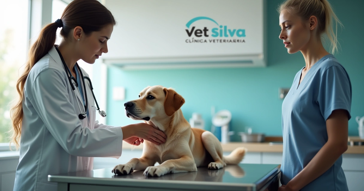 Veterinário examinando cachorro e tutor presente 