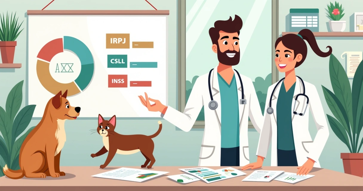 Ilustração de um veterinário consultando um cliente em uma clínica veterinária, com gráficos de impostos ao fundo.