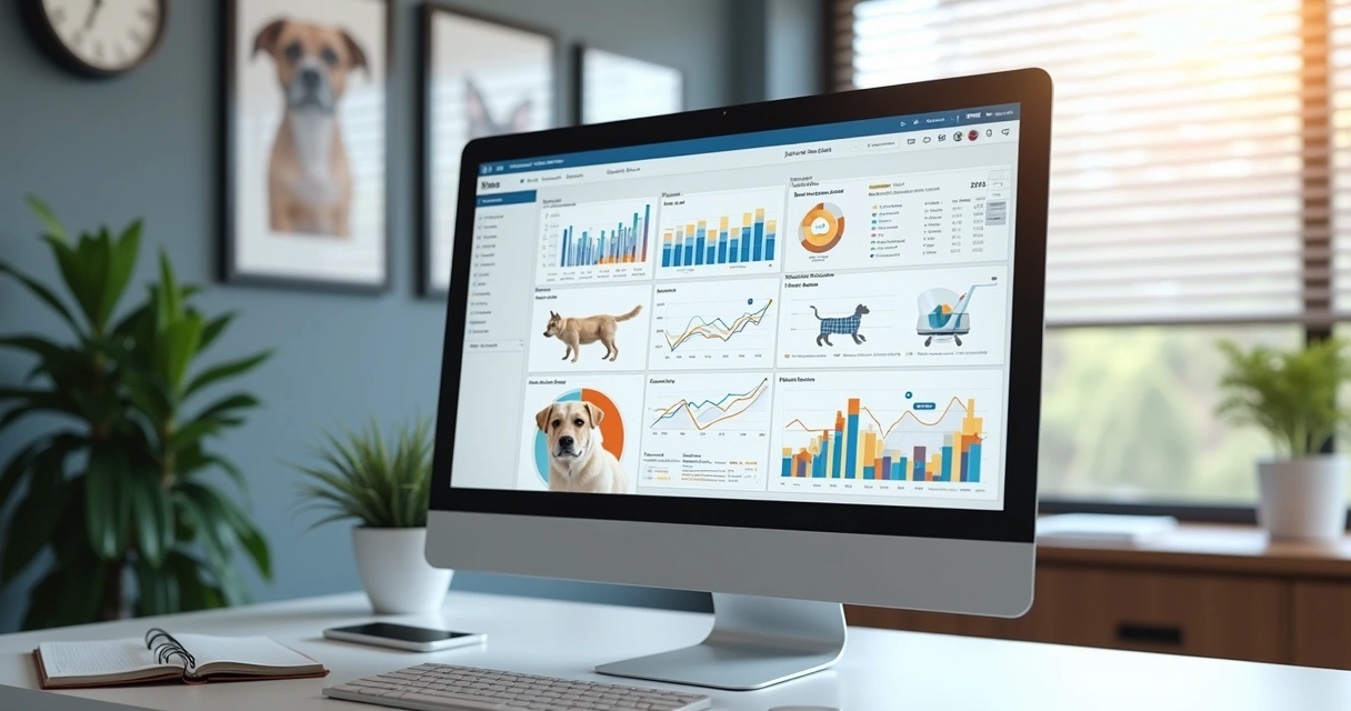 Tela de computador mostrando gráficos digitais de marketing para clínica veterinária com monitor ao fundo e escritório moderno 