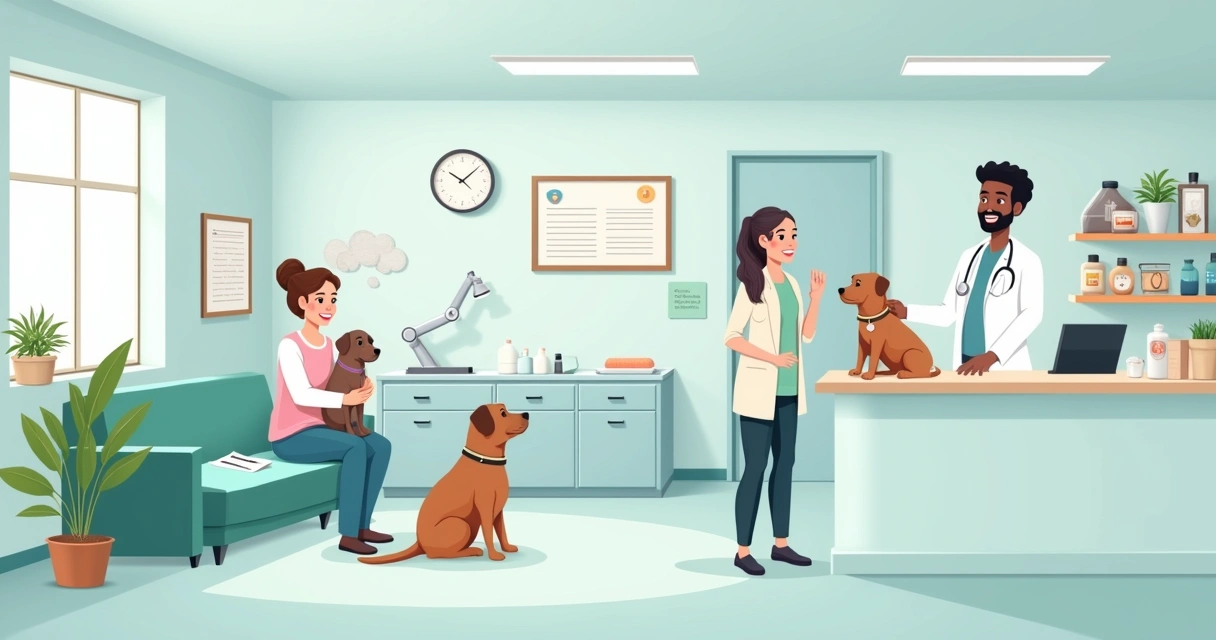 Ilustração de uma clínica veterinária moderna com um veterinário atendendo um proprietário de animal de estimação.