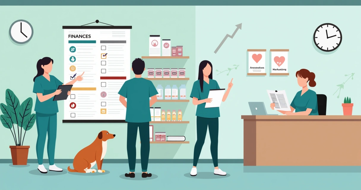 Equipe de clínica veterinária organizando fluxo de trabalho em um painel visual 