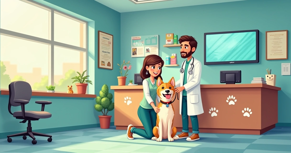 Recepção de clínica veterinária acolhedora, com veterinário, cachorro feliz e decoração temática.