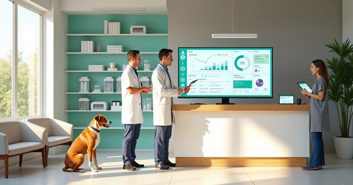 Veterinário usando sistema digital em clínica moderna com animais de estimação ao fundo 