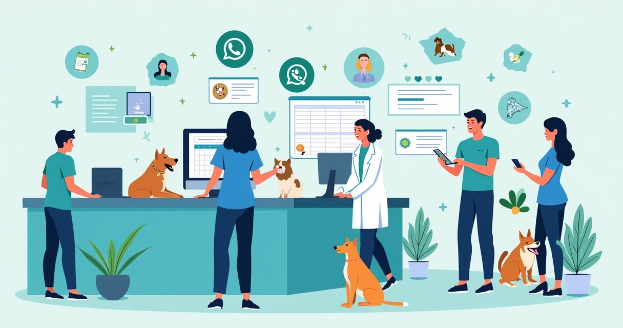 Ilustração corporativa de uma clínica veterinária moderna com equipe usando tecnologia para agendamento online e marketing digital 