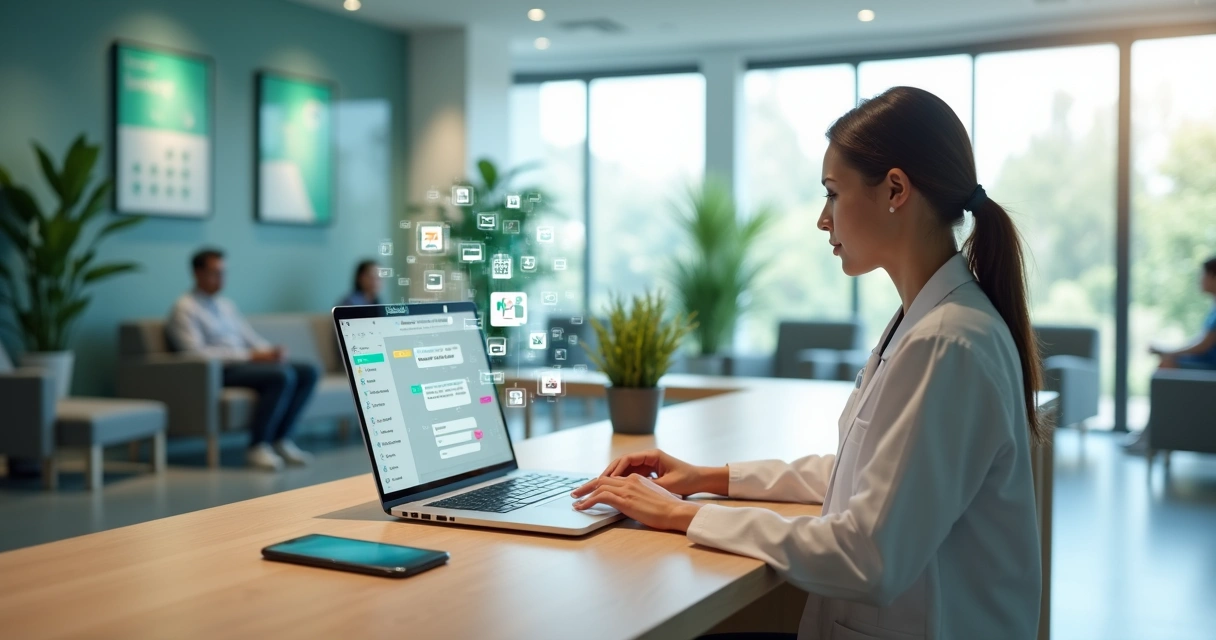 Recepcionista de clínica usando painel de WhatsApp em laptop para gerenciar atendimentos 