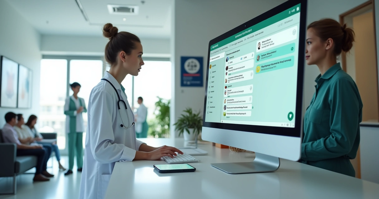 Médica e recepcionista usando computador com tela de WhatsApp na recepção de clínica moderna 