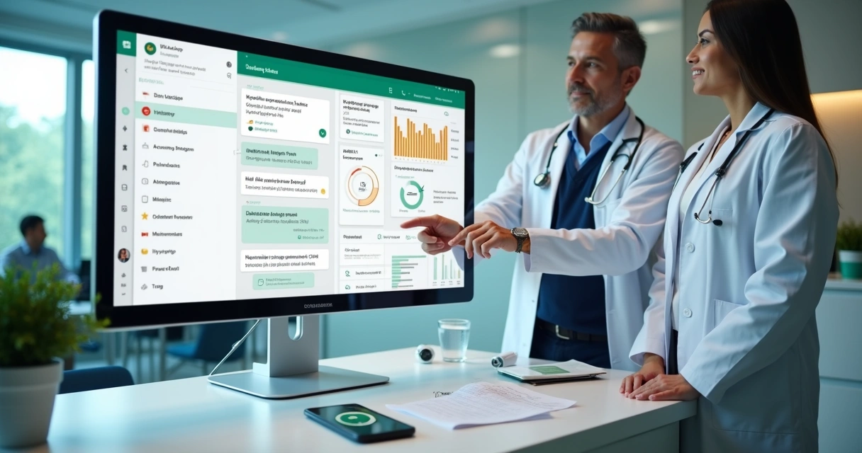 Equipe de clínica médica usando painel com integração ao WhatsApp Business no computador 