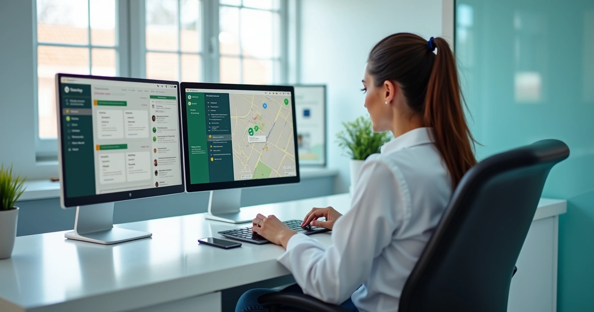 Recepção de clínica analisando mensagens no WhatsApp e painel do Google Maps 