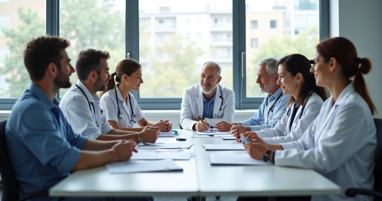 Participants discussing with researchers at a clinical trial center, paperwork and medical charts on a table.