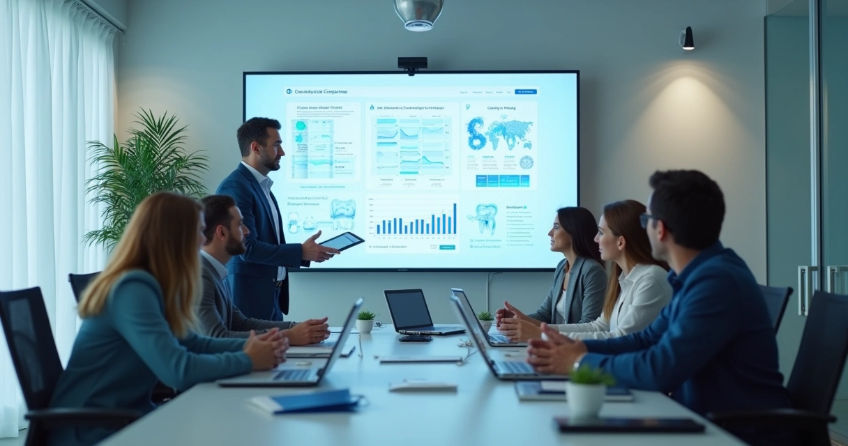 Reunião entre agência e clínica odontológica avaliando resultados de marketing. 
