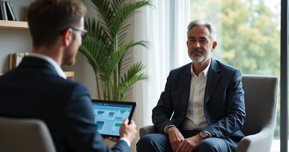 Consulta clínica masculina online com profissional especialista em terapia sexual, ambiente sóbrio e moderno 