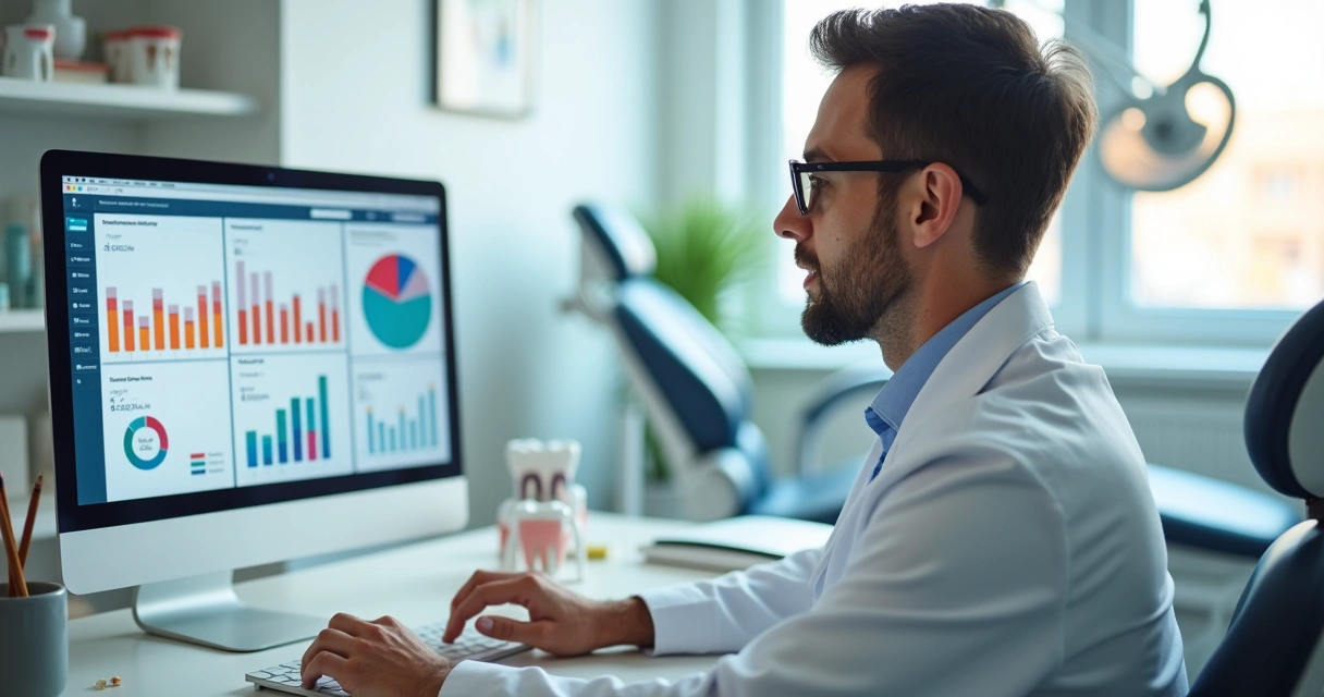 Dentista em consultório analisando gráficos na tela do computador 
