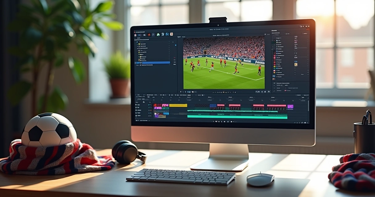 Editor digital trabalhando em cortes e highlights de futebol no computador 