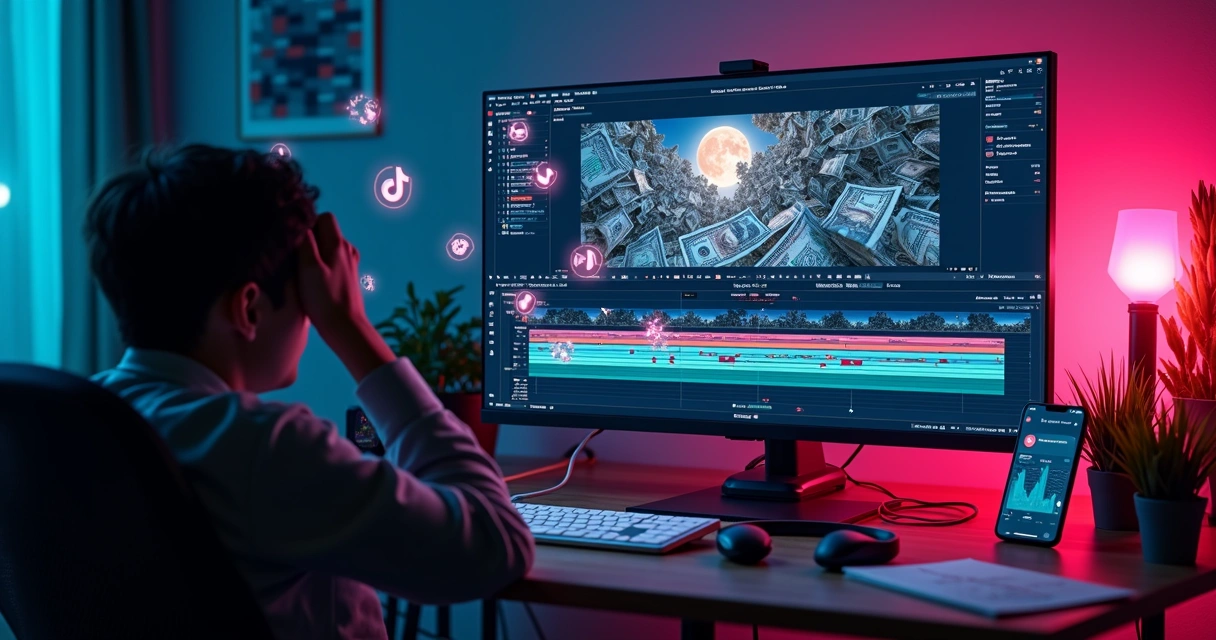 Tela de computador com linha do tempo de vídeo caótica e ícones de dinheiro digital se perdendo 
