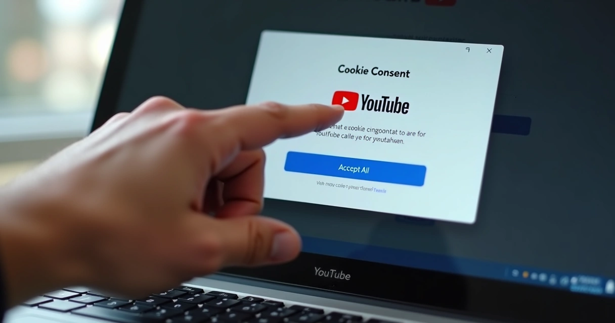 Pessoa clicando em botão de aceitar cookies na tela do YouTube 