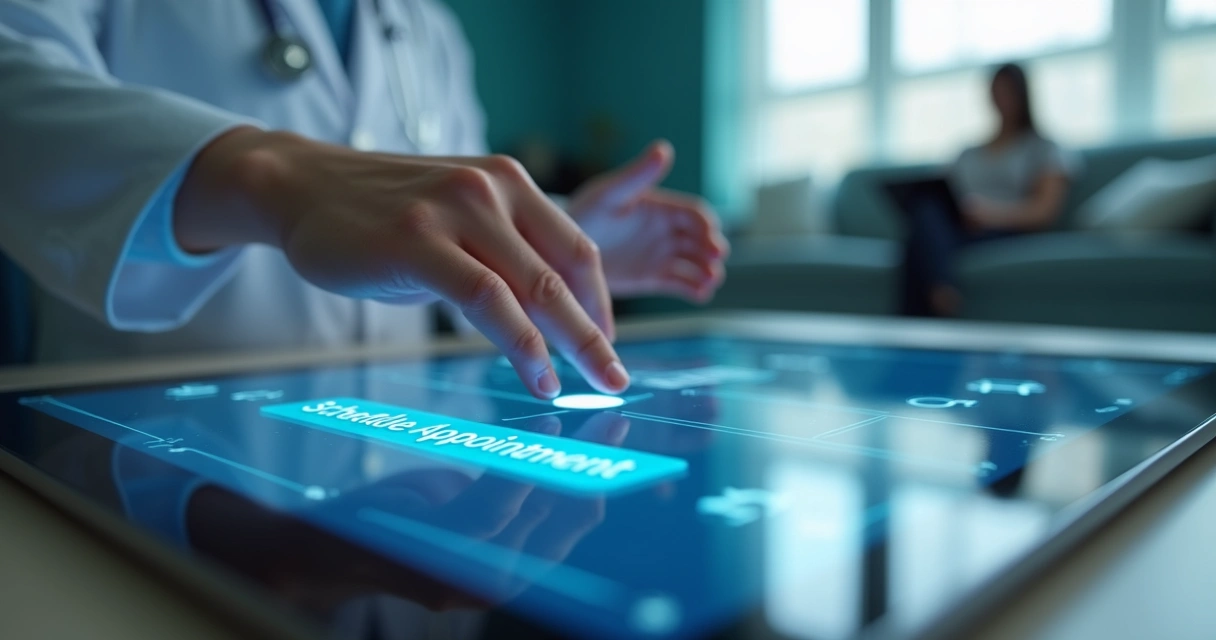 Pessoa tocando botão de agendar consulta em tela digital 