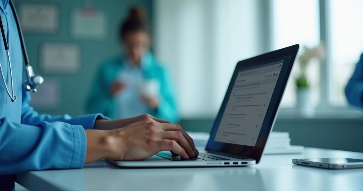 Gestor de clínica consultando avaliações online de agência odontológica no notebook 