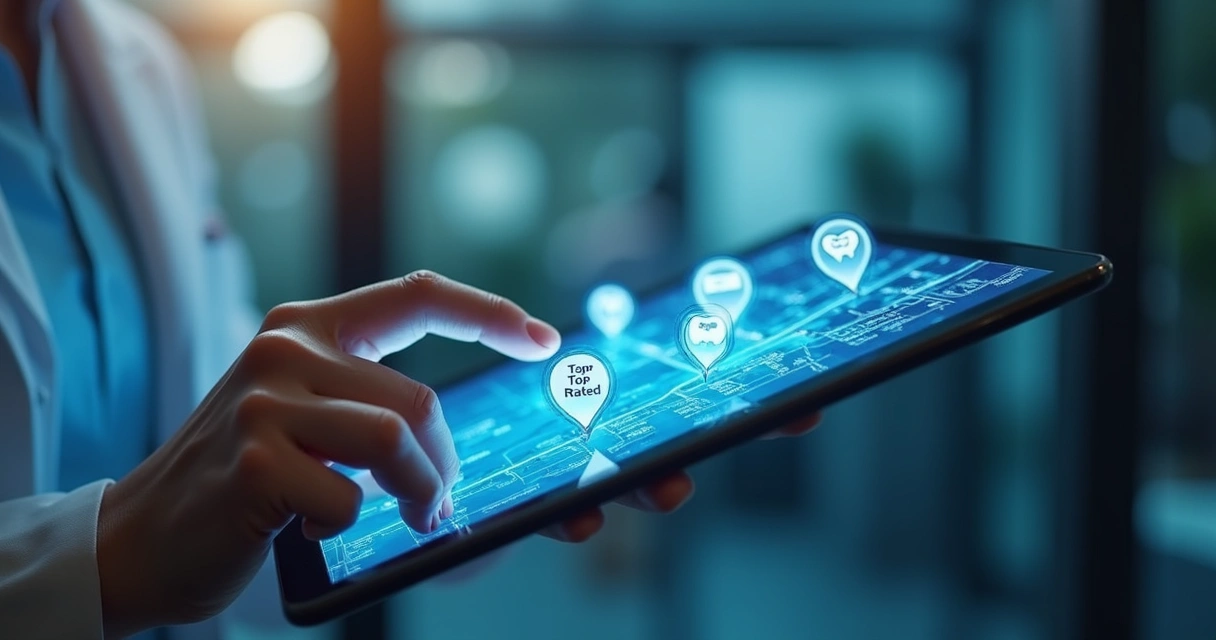 Pessoa acessando mapa digital com destaque em clínicas de odontologia 