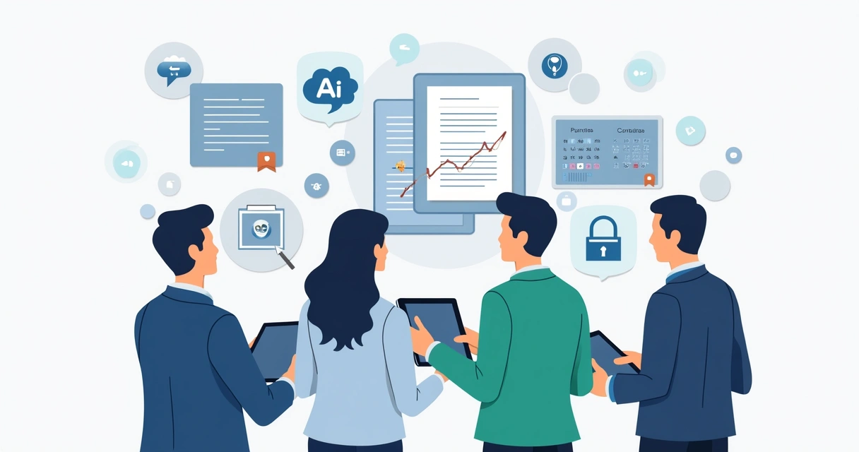 Team collaborating on contract workflow with digital screens and cloud tools 