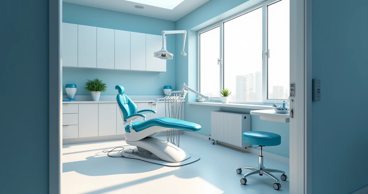 Sala moderna de clínica odontológica com equipamentos avançados e luz natural