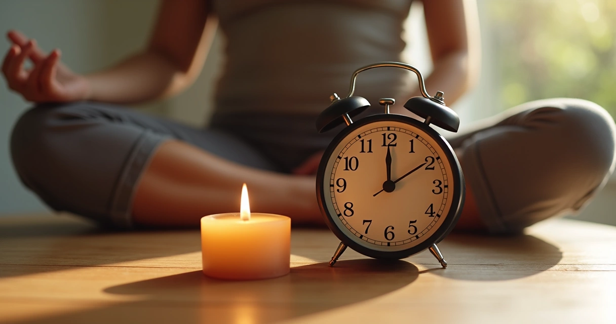 Small candle and round clock on a wooden table, faint hands meditating in background, soft morning light.