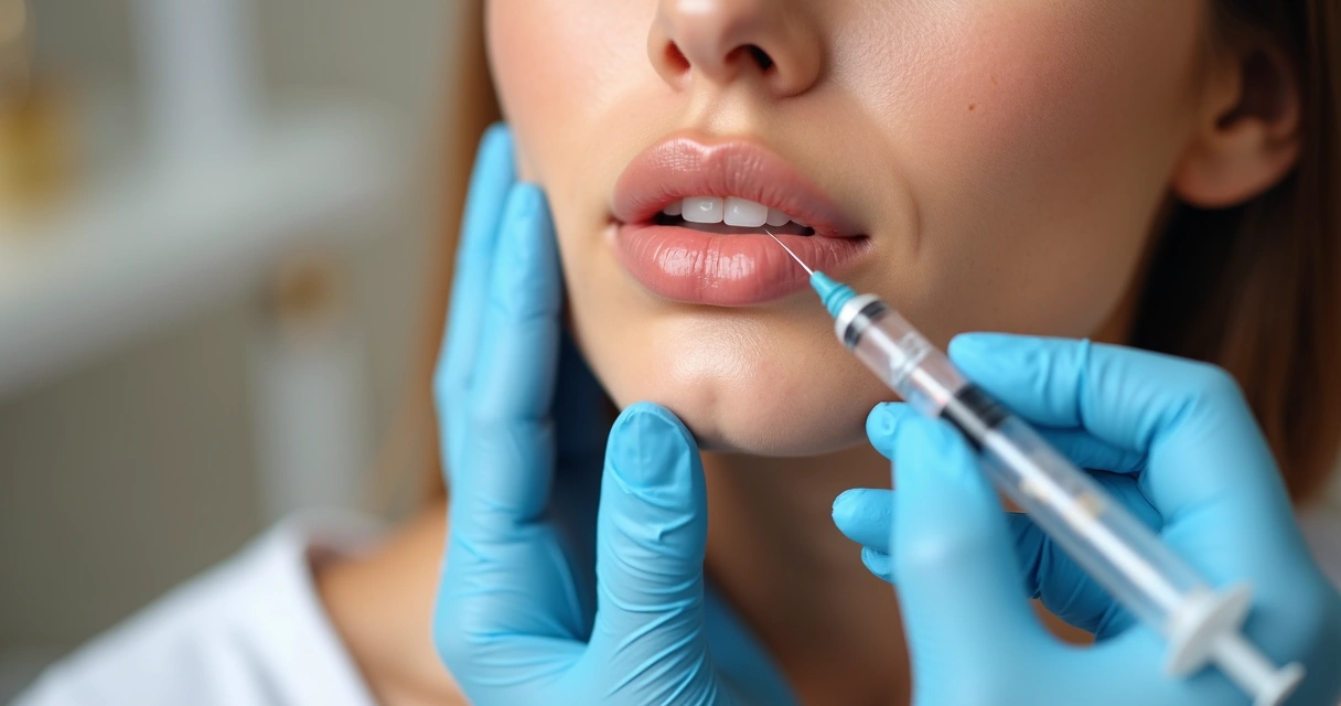 Close-up de lábios femininos naturais recebendo preenchimento labial com seringa em ambiente limpo 