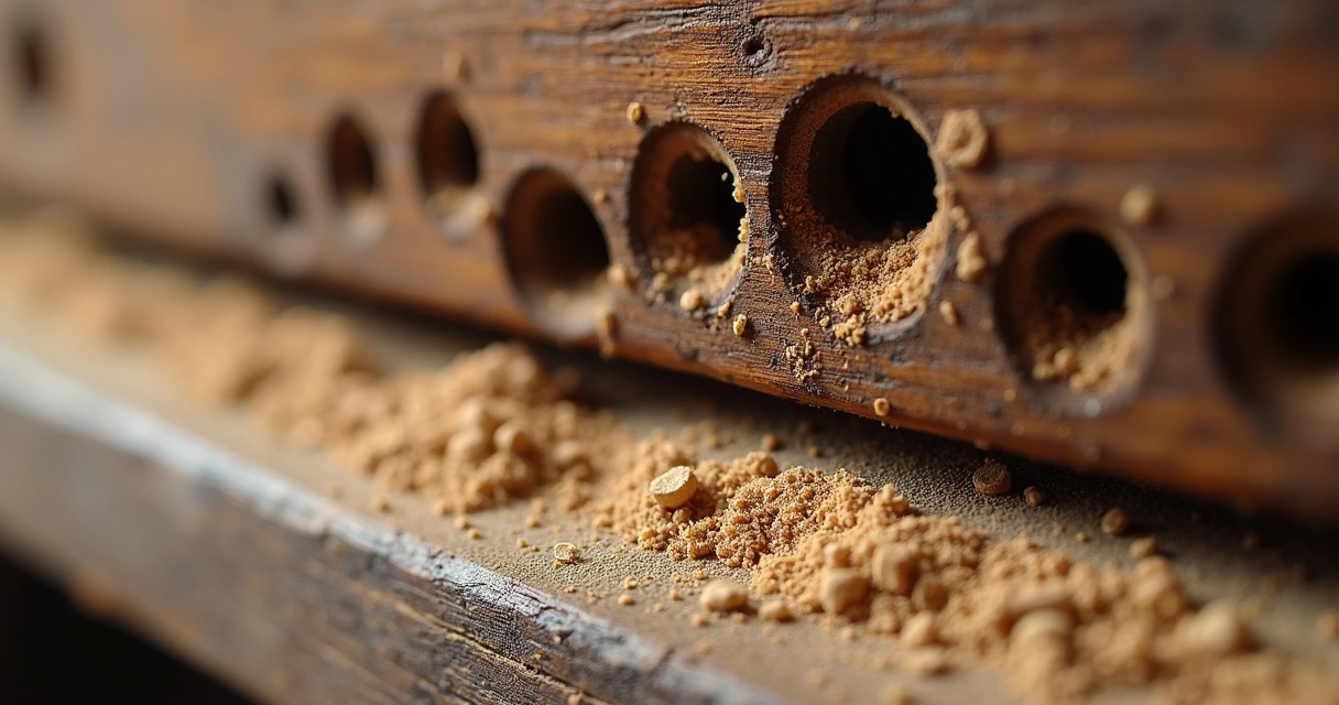 Buracos de cupim em madeira escura de armário 