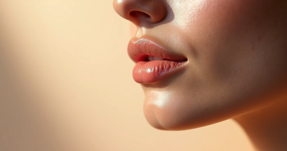 Close-up de lábios volumosos com contorno natural e batom nude brilhante 