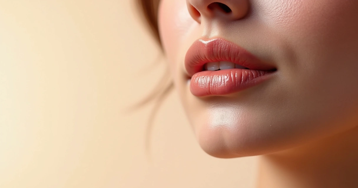 Close-up de lábios femininos bem hidratados com contorno labial natural 