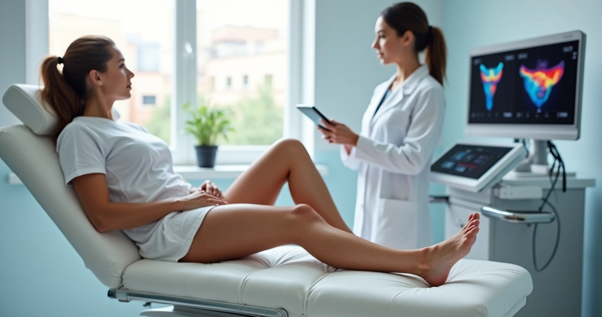 Close-up de pernas femininas com vasinhos discretos em maca de clínica vascular 