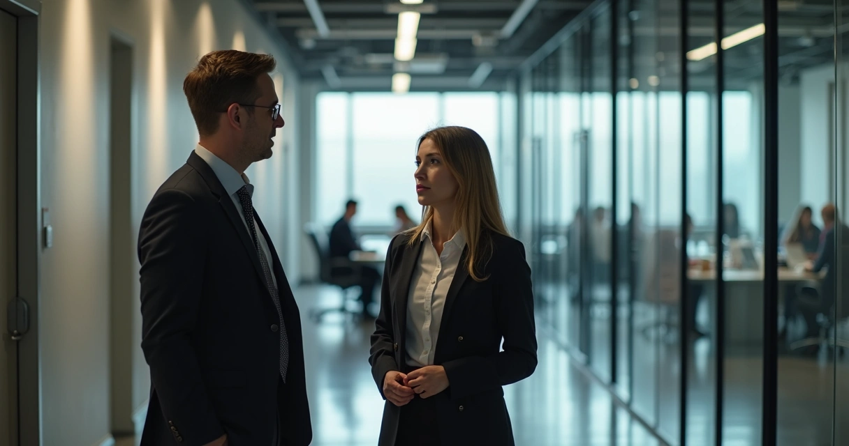 Two employees having a private conversation in a hallway 