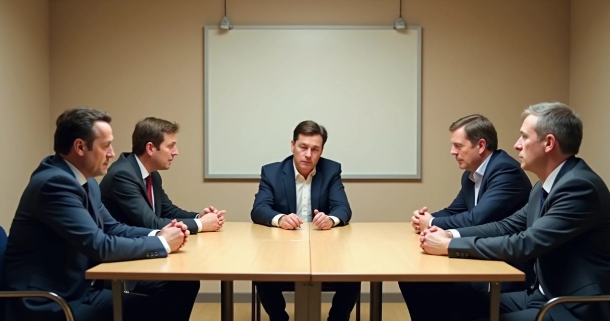 Small group in business attire sitting in a dull, neutral meeting room, looking disengaged and avoiding eye contact 