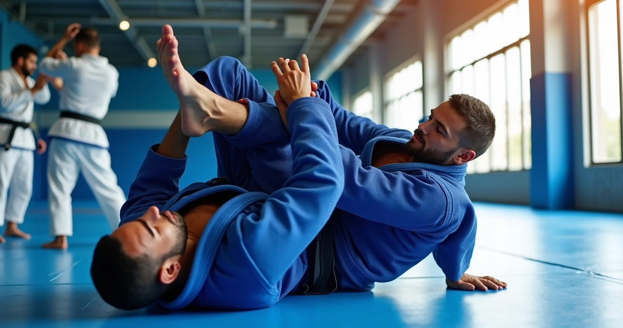 BJJ athlete performing closed guard sweep in gym
