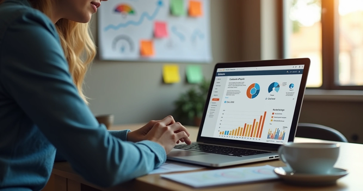 Profissional usando notebook estudando perfis de clientes digitais