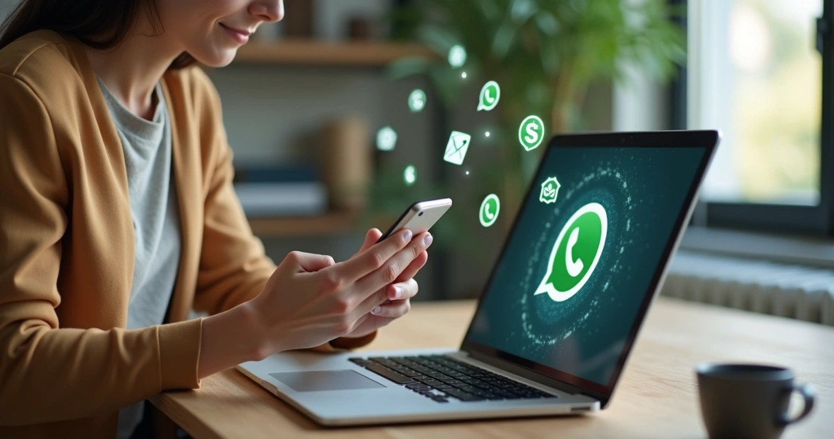 Mulher usando notebook e celular, com ícones de WhatsApp e e-mail ao redor 