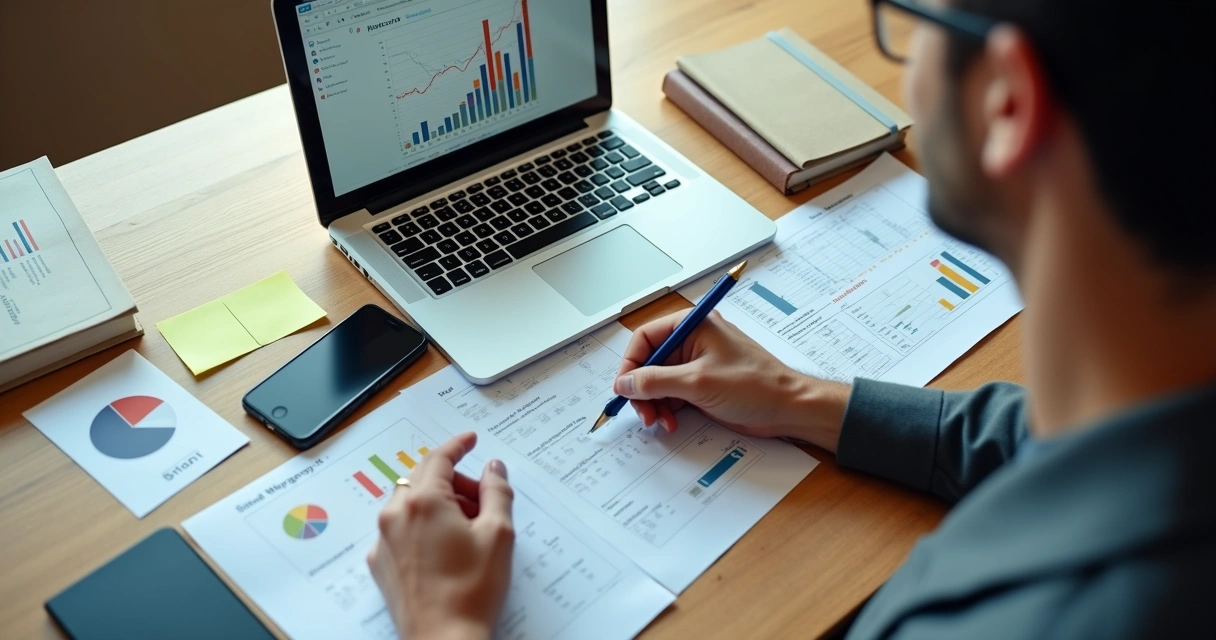 Pessoa analisando dados de vendas em notebook, rodeada de anotações 