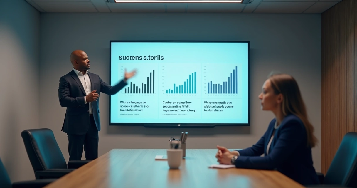Vendedor apresentando casos de sucesso para lead qualificado