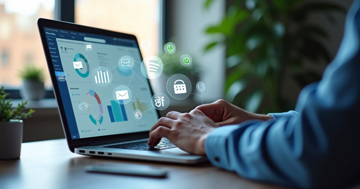 Profissional de vendas digital trabalhando em um notebook com gráficos de automação na tela