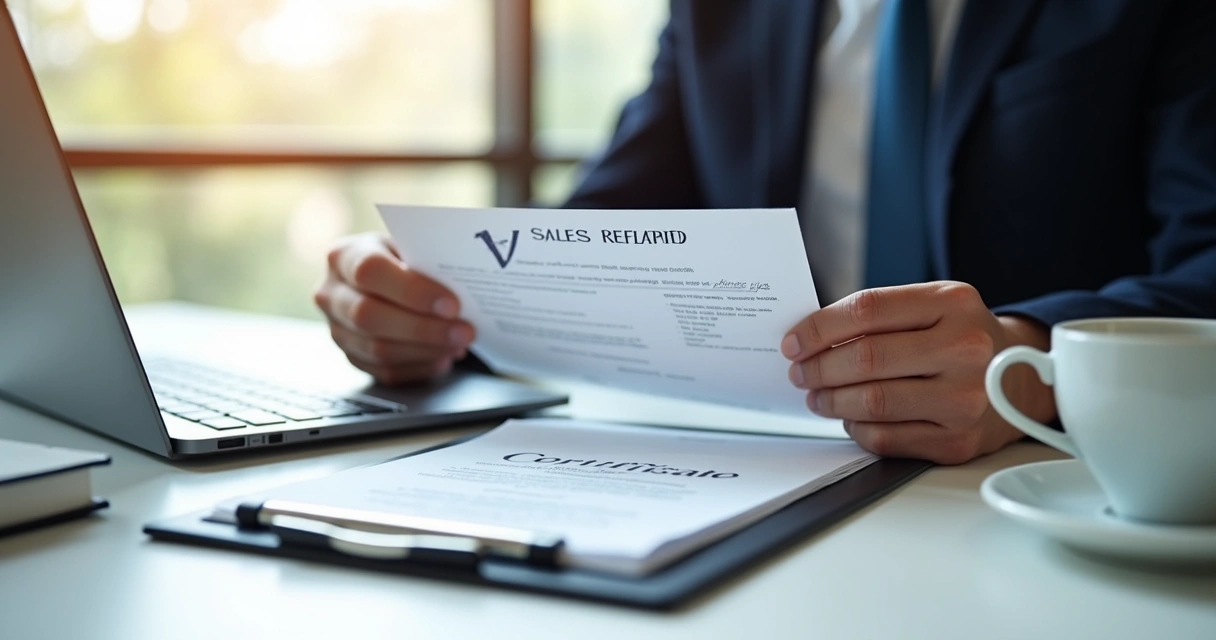 Profissional exibindo certificado de vendas na frente do notebook