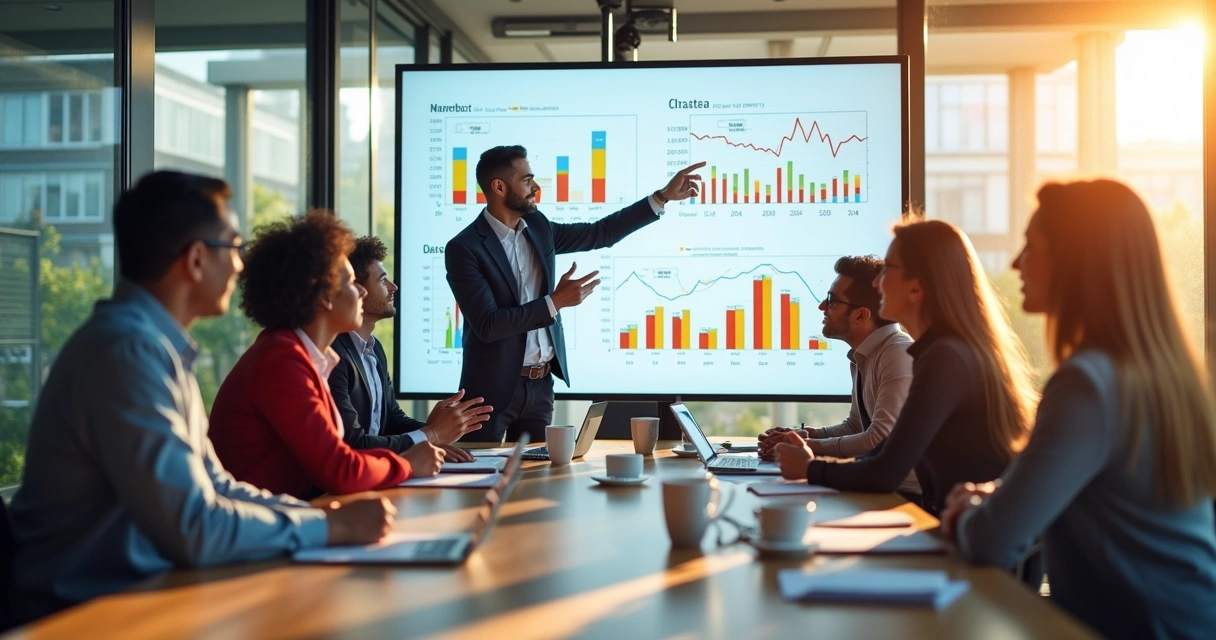 Equipe de vendas discutindo em sala moderna com gráficos na parede 