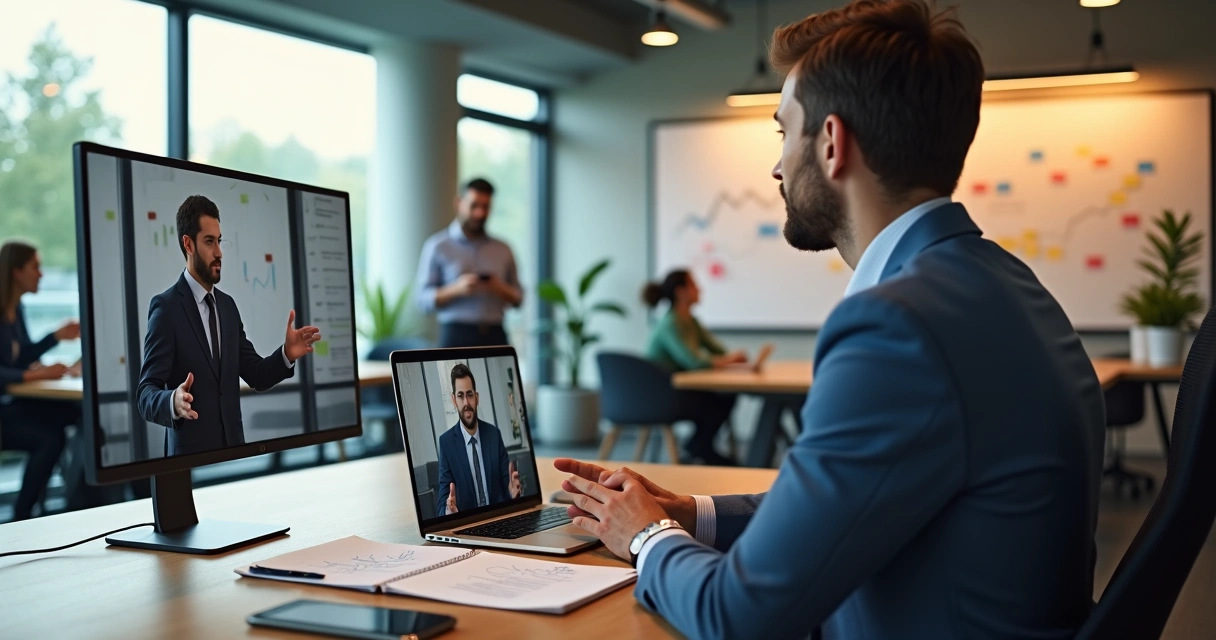 Closer de vendas liderando reunião de fechamento com cliente em escritório moderno 