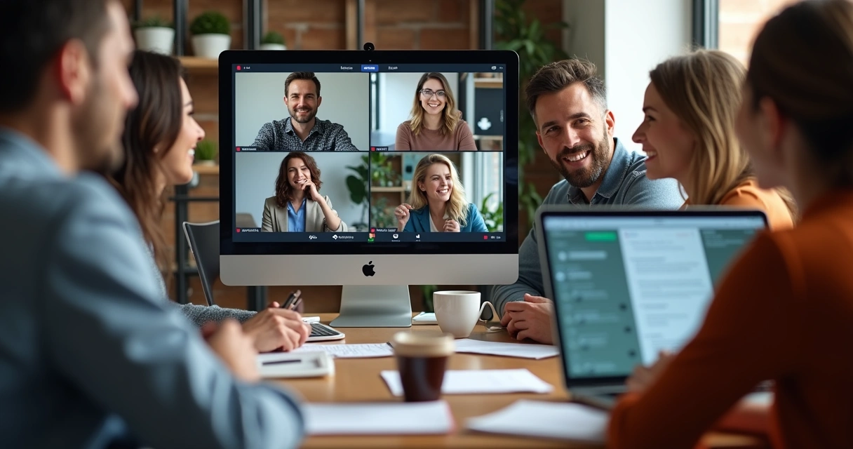 Profissionais reunidos em chamada de vídeo em comunidade online de vendas 