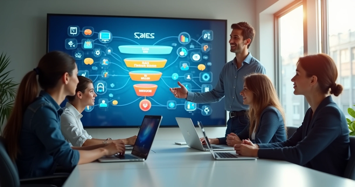 Equipe de vendas reunida com computadores e gráficos digitais ao fundo 