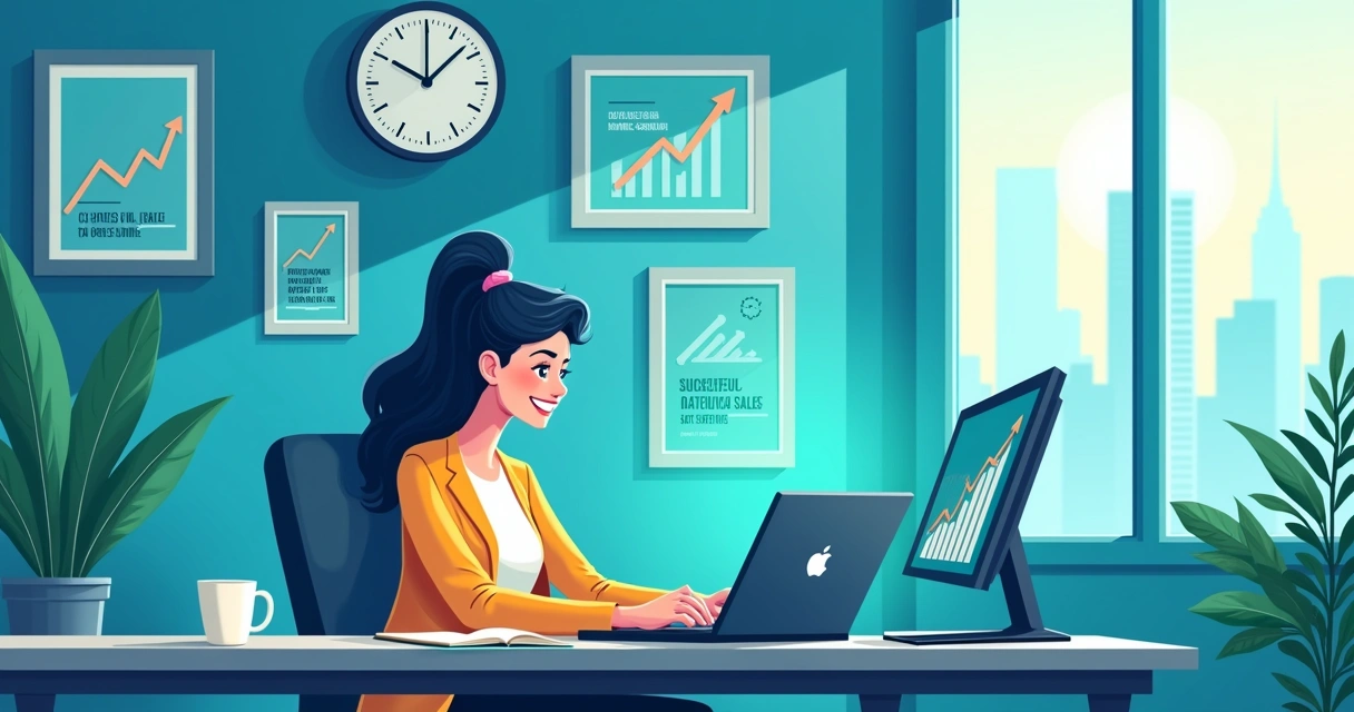 Ilustração de um profissional digital em um escritório moderno, com vendas crescentes e uma cidade ao fundo.