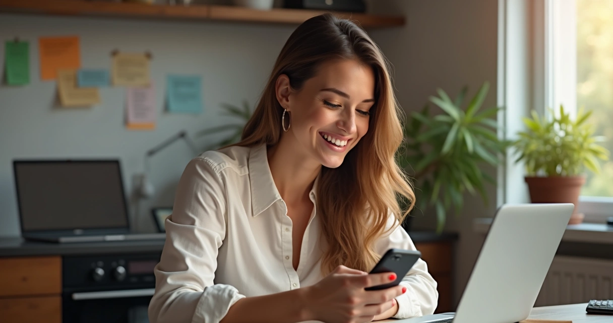 Pessoa fechando venda online pelo celular, sorrindo 