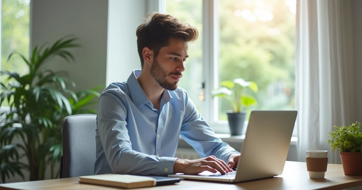 Profissional usando notebook para vendas digitais em casa. 