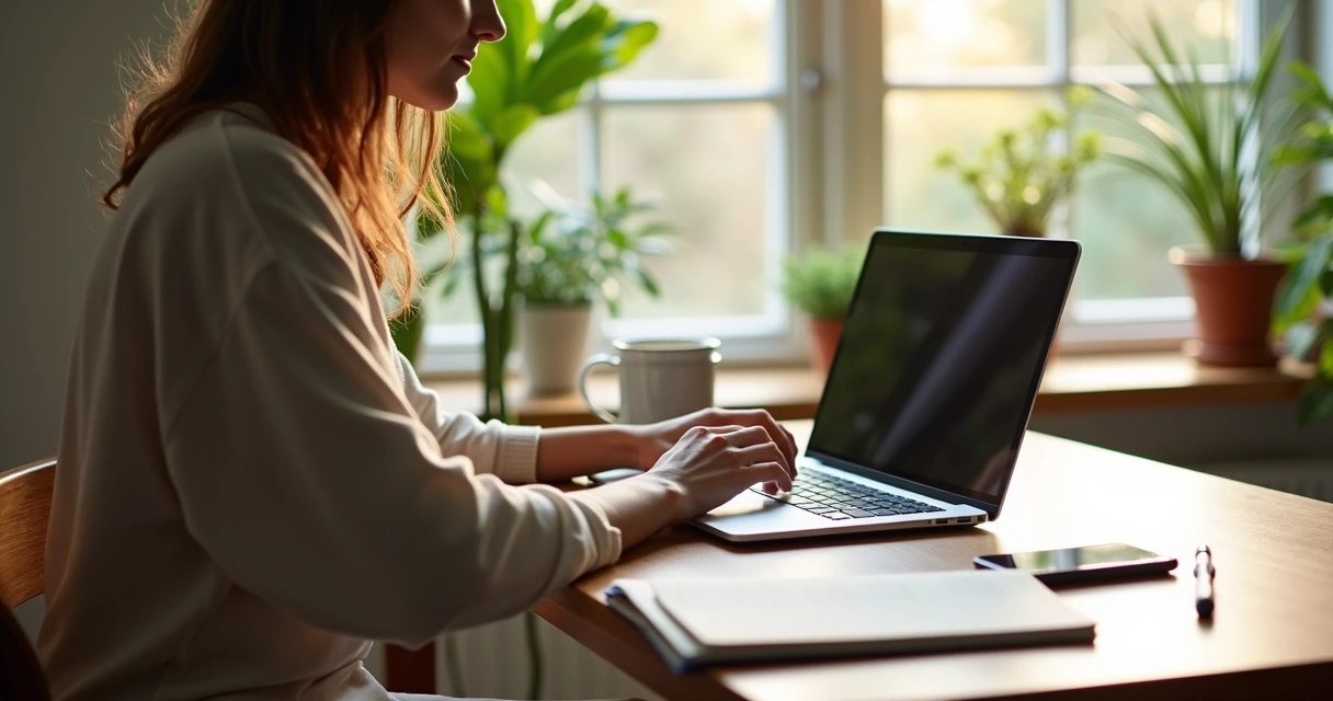 Mulher trabalhando com vendas digitais em casa, laptop na mesa 